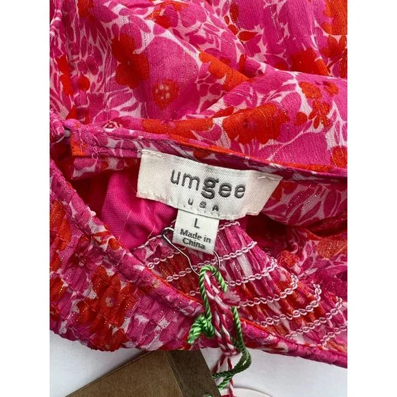 Umgee Women Size Large Pink Floral Metallic Flutter Sleeve Dress NWT - Picture 3 of 10